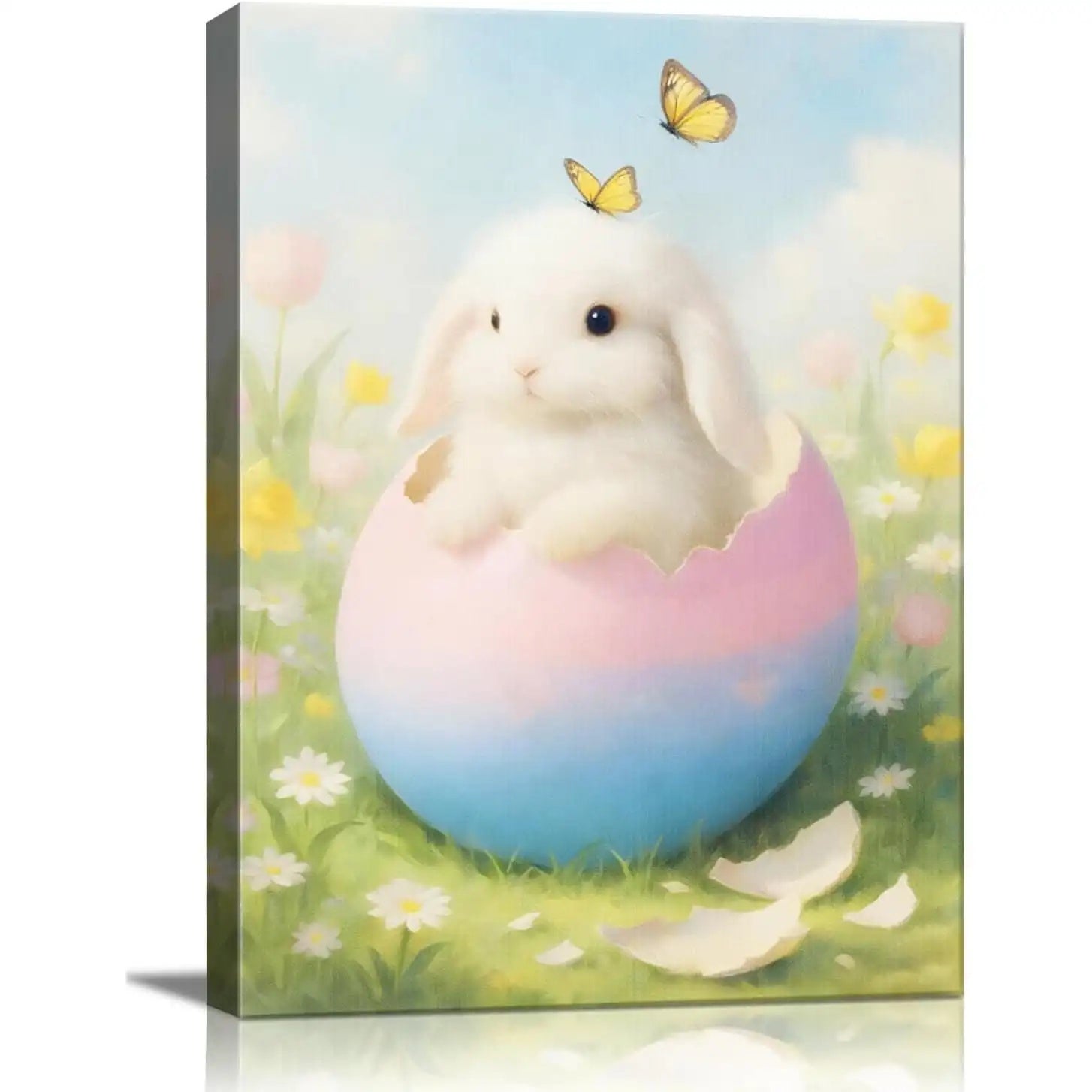 White Easter bunny with a decorated egg in a spring meadow canvas wall art, additional product view 8 with contemporary